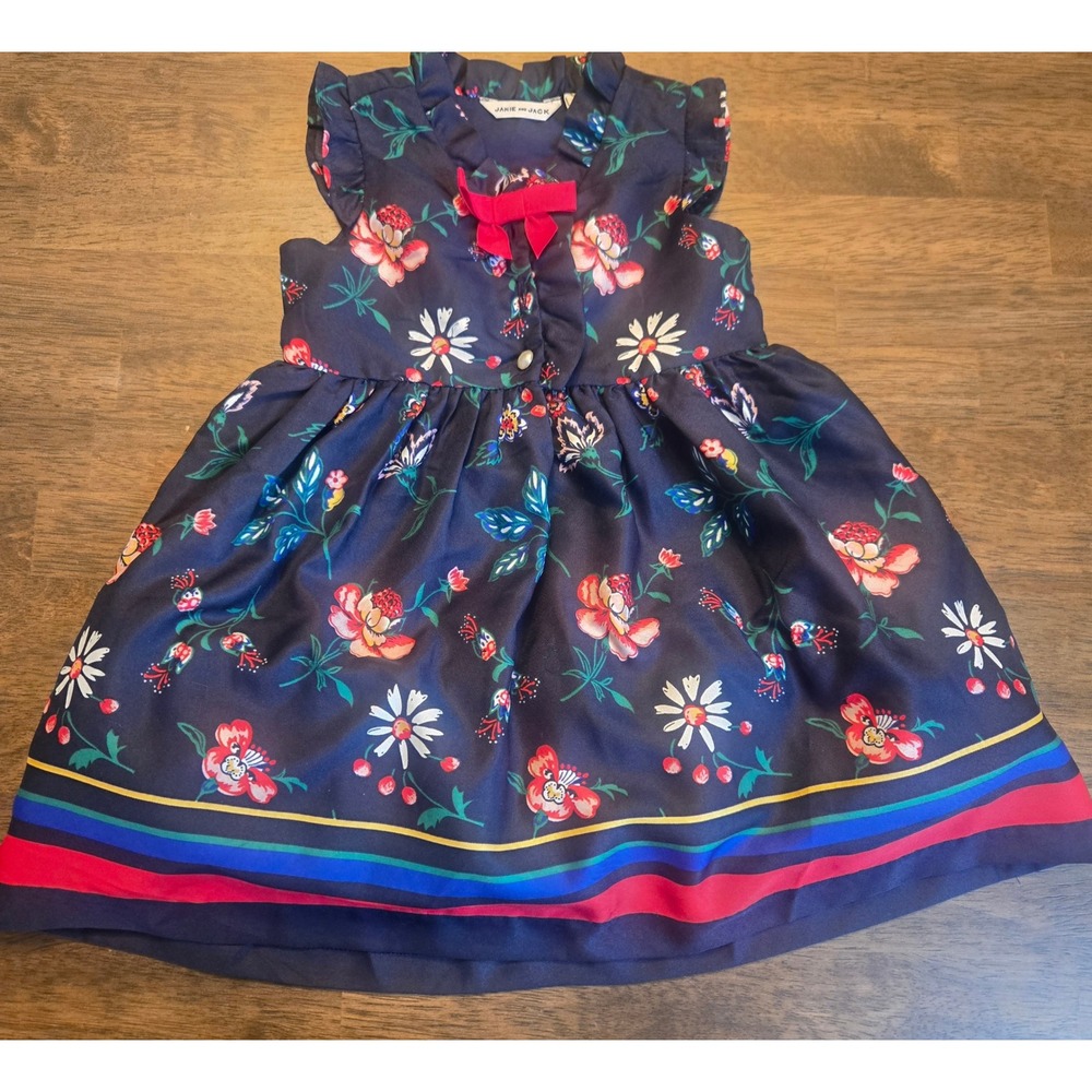 Janie and Jack Navy Floral Ruffle Dress‎ Red Bow 12-18 Months